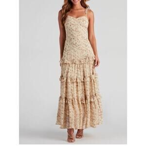 Maxi‎ Tiered Floral Cottage Prairie Boho Dress Windsor Swept Away Medium Tan